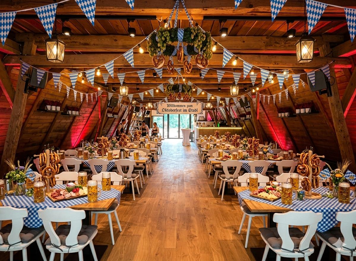 Festlich geschmücktes Oktoberfest-Zelt mit warmen Lichtern und rustikalen Holztischen